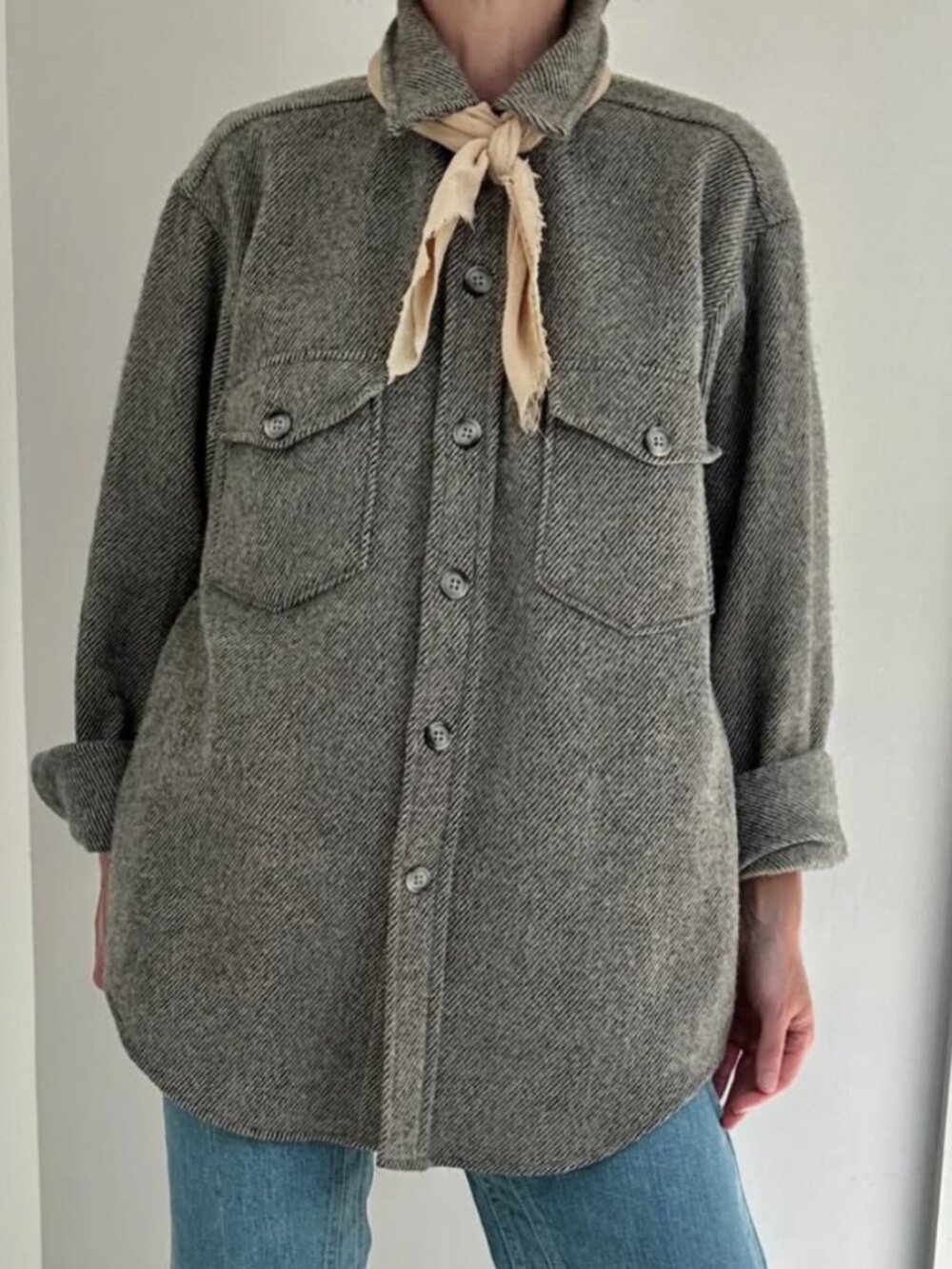 80s LL Bean “Northwoods” Herringbone Wool Overshirt in Sage